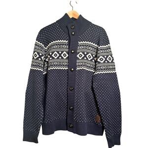 Ben Sherman Navy White Fair Isle Wool & Cotton Leather Button Cardigan Men’s L